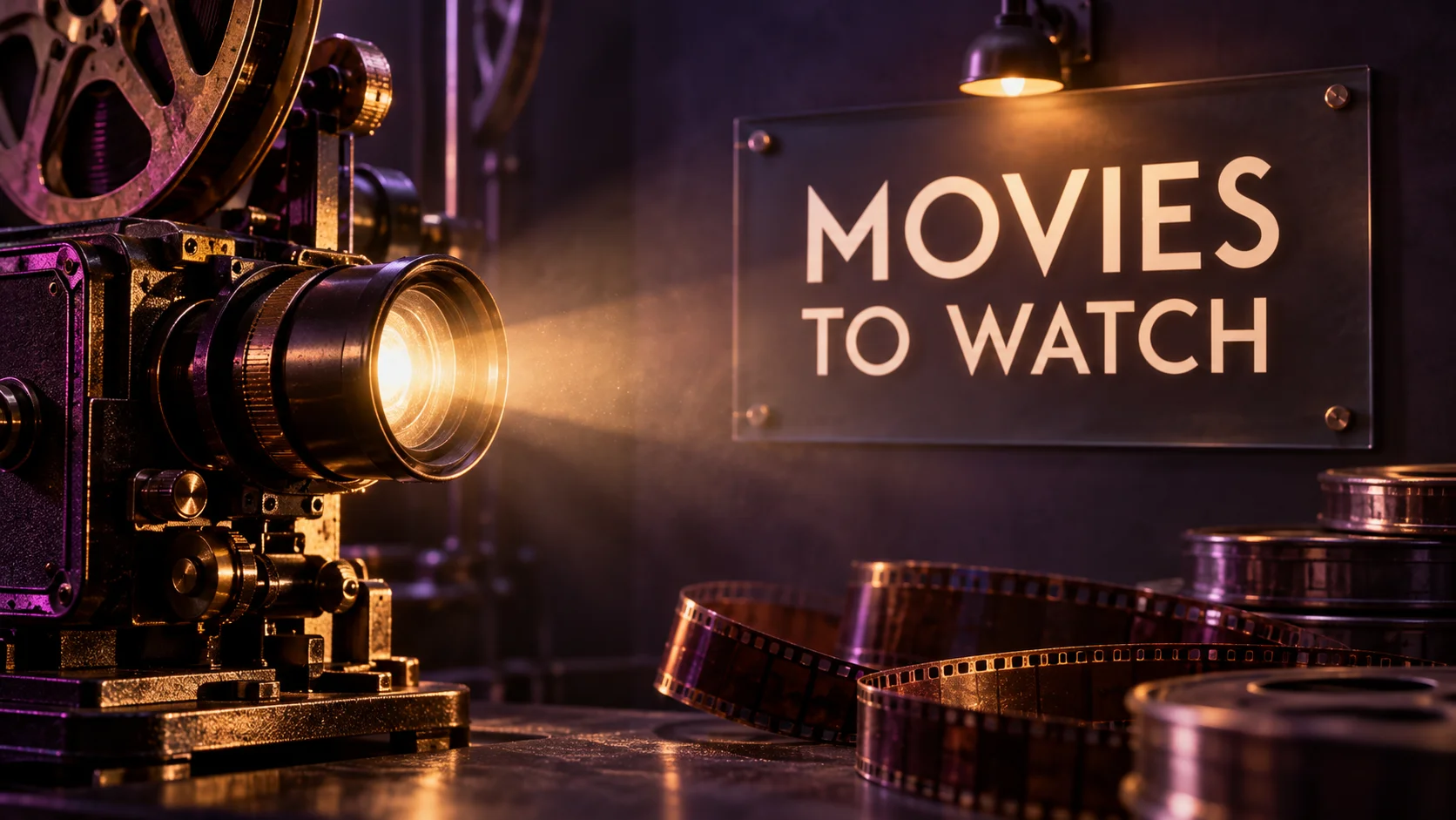 MOVIES TO WATCH on an illuminated cinema sign beside a film projector and reels